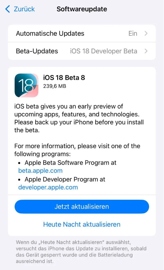 会东苹果手机维修分享苹果 iOS / iPadOS 18 开发者预览版 Beta 8 发布 